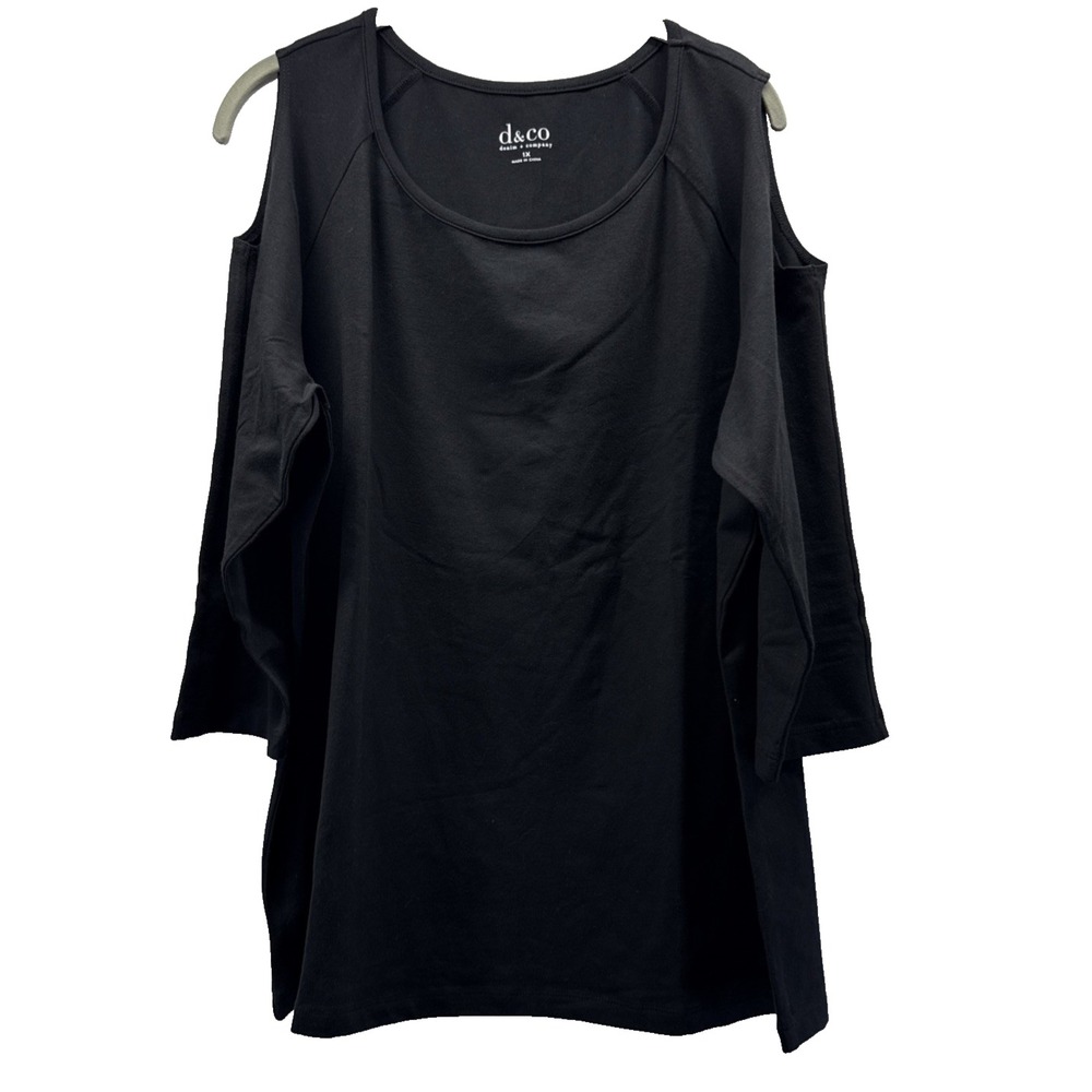 Denim & Co Women's Top Sz 1X Plus Solid Black Cold Shoulder 3/4 Sleeve Pullover